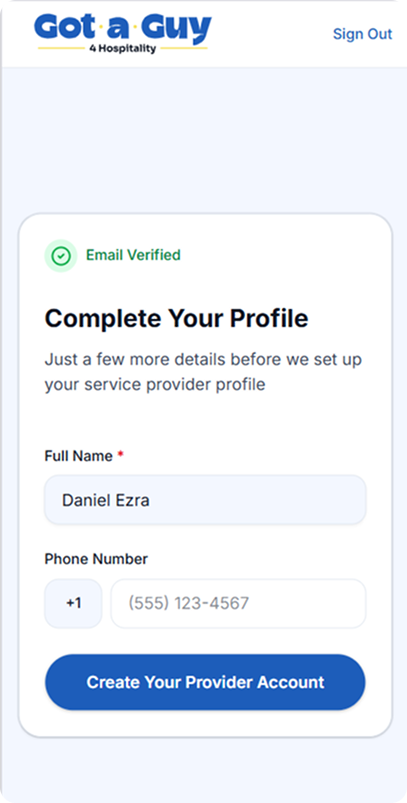 Mobile app interface showing service provider profile setup - Step 3